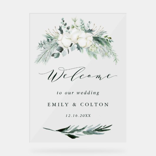 エバーグリーン&コットンフラワーエレガントな結婚式へようこそ アクリルサイン (正面)
