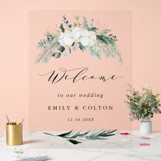 エバーグリーン&コットンフラワーエレガントな結婚式へようこそ アクリルサイン (ウェディング)