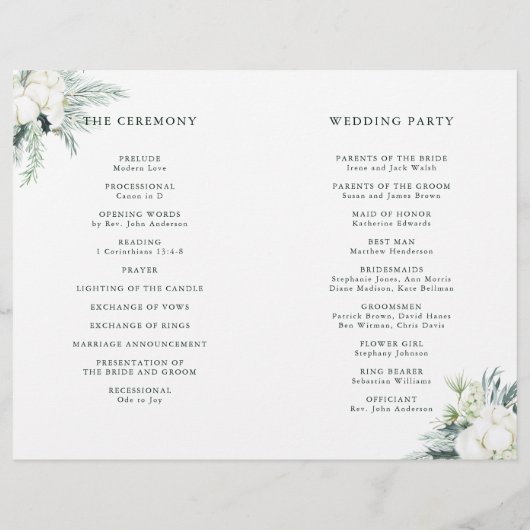 エバーグリーン&コットンフラワーエレガントな結婚式プログラム (裏面)