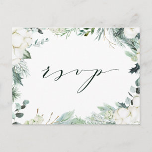 エバーグリーン&コットンフラワーエレガントな結婚式RSVP ポストカード
