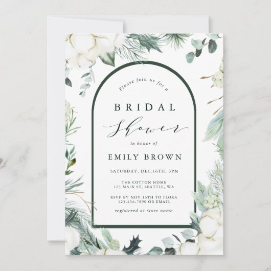 エバーグリーン&コットンフラワーズエレガントブライダルシャワー 招待状 (正面)