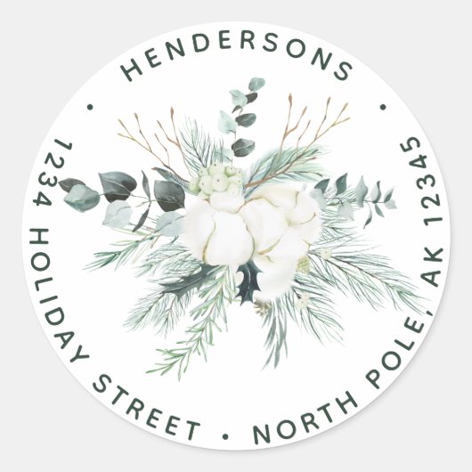 エバーグリーン&コットンフラワーズエレガント差出人住所 ラウンドシール (正面)
