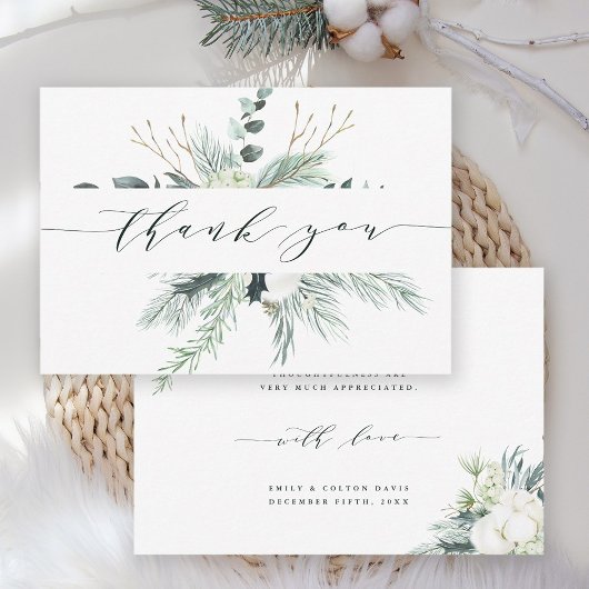 エバーグリーン&コットンフラワーブーケ結婚ーズ サンキューカード