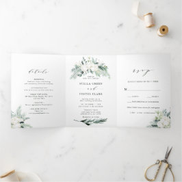 エバーグリーン&コットンフラワーブーケ結婚ーズ 三つ折り招待状