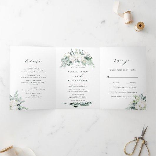 エバーグリーン&コットンフラワーブーケ結婚ーズ 三つ折り招待状 (内部)