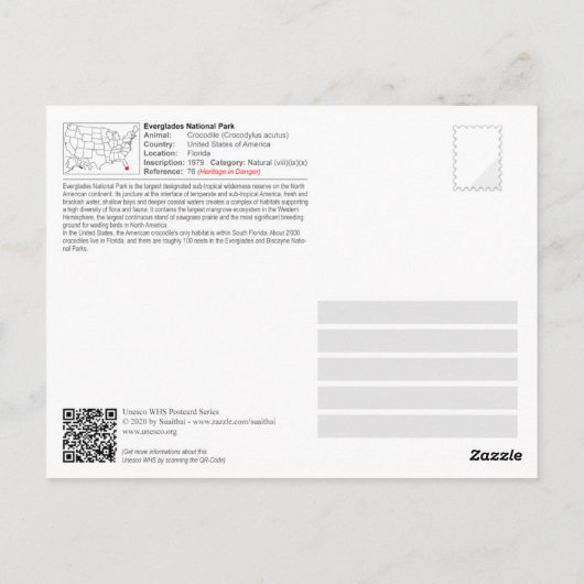 エバーグレーズ国立公園 – アメリカワニ ポストカード (裏面)