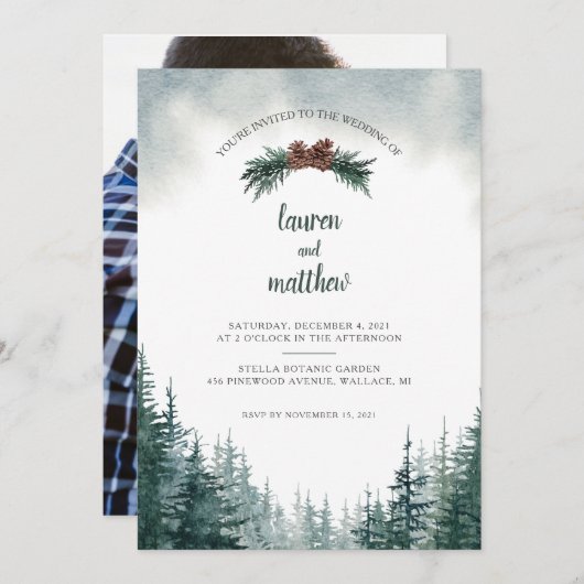 エバ素朴ーグリーンウィンターウェディング招待状 招待状 (正面/裏面)