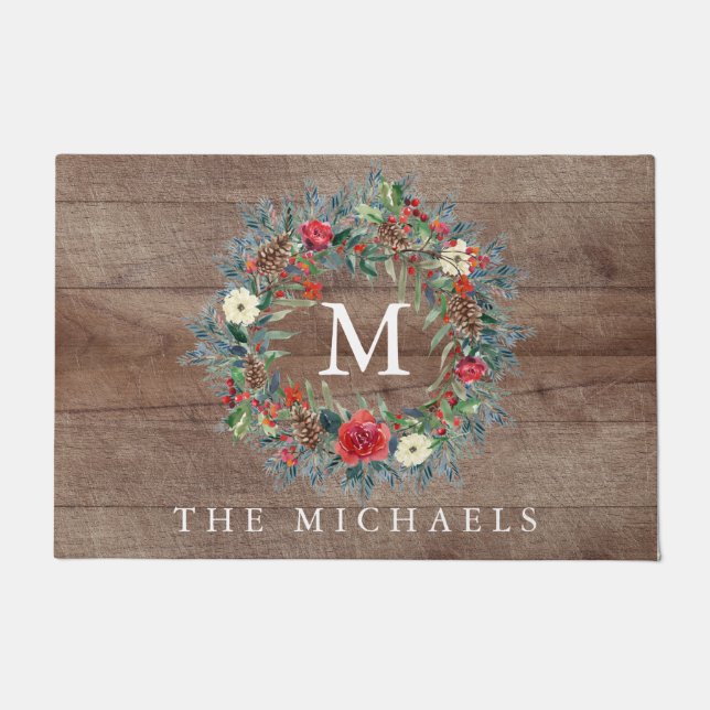 エバ素朴ーグリーンリースクリスマス ドアマット (正面)