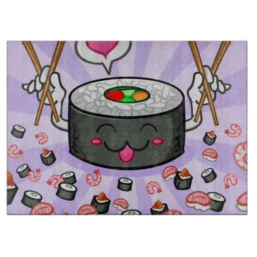 エビの多くを食べている寿司のマンガのキャラクタ カッティングボード (正面)