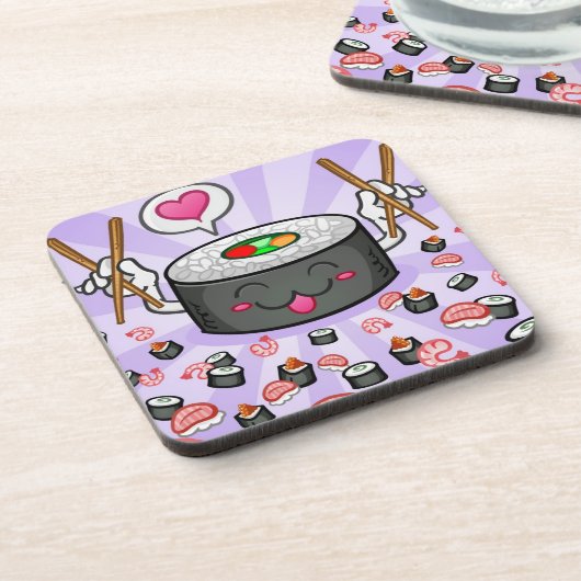 エビの多くを食べている寿司のマンガのキャラクタ コースター (左側)