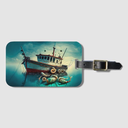エビの船と海老のナンバープレート ユーモラスなデザイン ラゲッジタグ (正面横)