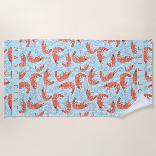 エビの車海老の珊瑚の海の泡航海のな海の青 ビーチタオル (正面)