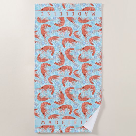 エビの車海老の珊瑚の海の泡航海のな海の青 ビーチタオル (正面)