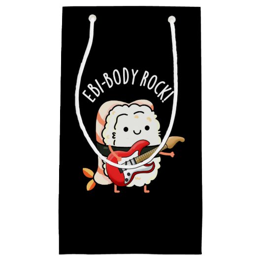 エビ体ロックおもしろいロッカーすしプリン黒BG スモールペーパーバッグ (正面)