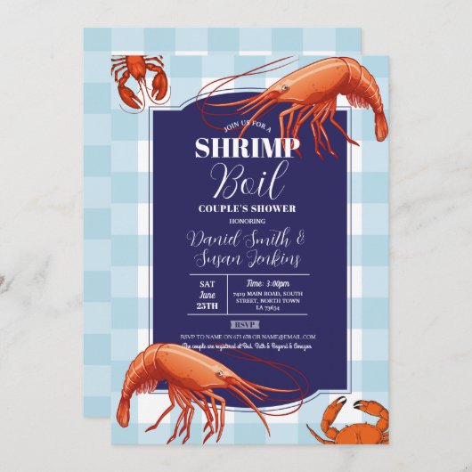 エビ沸騰婚約パーティシーフードネイビーロブスター 招待状 (正面/裏面)
