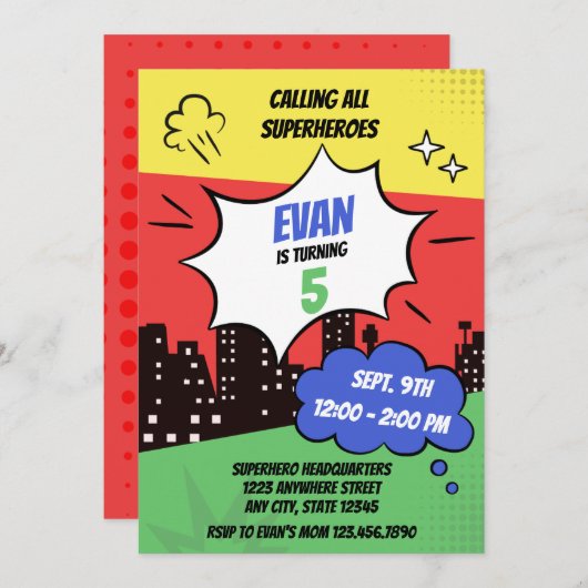 エピックカラフルスーパーヒーロー誕生日 招待状 (正面/裏面)