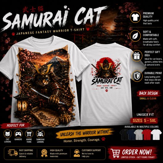エピックサムライキャットウォリアー日本幻想Tシャツ Tシャツ