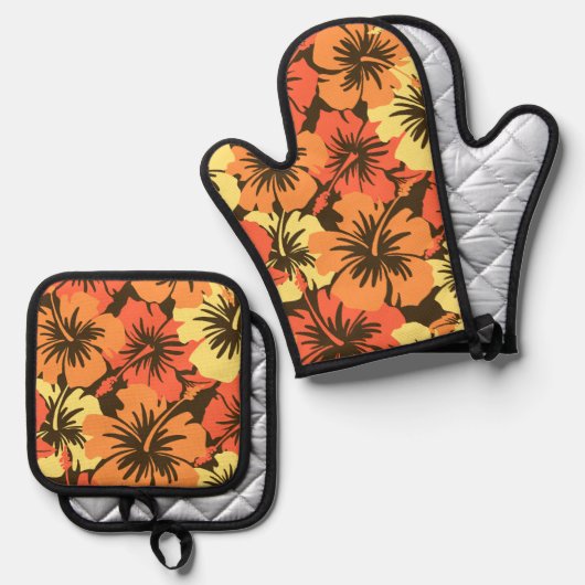 エピックハイビスカスハワイアンフローラアロハオレンジ 鍋つかみ&鍋敷きセット (正面/裏面)