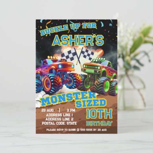エピックパーソナライズされたモンスタートラックショーダウン誕生日 招待状 (スタンド正面)