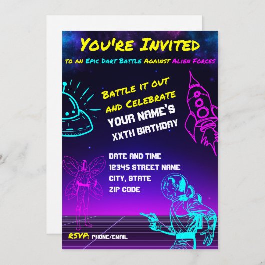 エピック宇宙ダーツブラスターバースデーパーティーの招待 招待状 (正面/裏面)