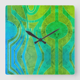 エフェクトパターン（の模様が）あるグリーンオリーブブルー曲線モチーフ スクエア壁時計