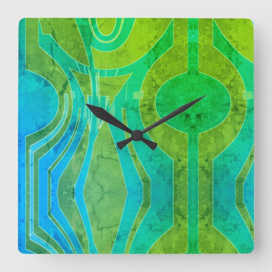 エフェクトパターン(の模様が)あるグリーンオリーブブルー曲線モチーフ スクエア壁時計 (正面)