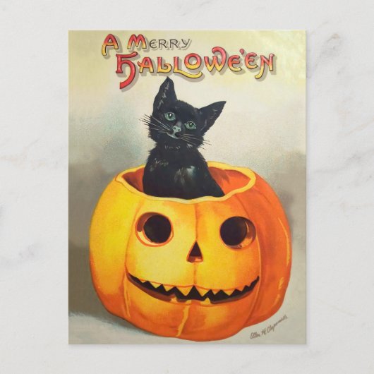 エフェメラヴィンテージハロウィンイラストレーションブラックキャット ポストカード (正面)