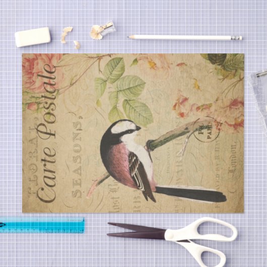 エフエメラロングテール鳥ピンクローズのデコページ 薄葉紙 (クラフト)