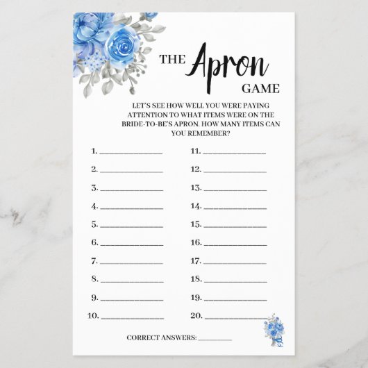 エプロンゲームブルーフラワーズブライダルシャワーゲームカード チラシ (正面)