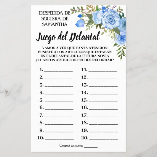 エプロンブライダルシャワー英語スペインのゲームカード チラシ (裏面)