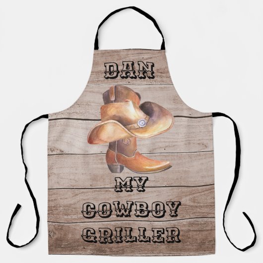 エプロン大型カウボーイグリラーパーソナライズされたオン木材 エプロン (正面)