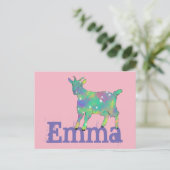 エマアッドネームカラフルグリーンヤギかわいい動物アート ポストカード (スタンド正面)
