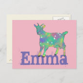 エマアッドネームカラフルグリーンヤギかわいい動物アート ポストカード (正面/裏面)