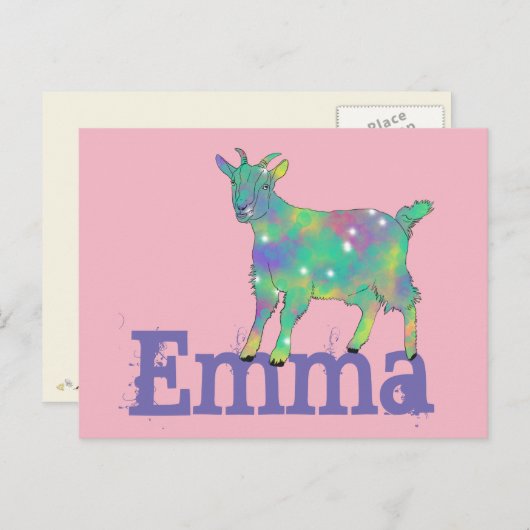 エマアッドネームカラフルグリーンヤギかわいい動物アート ポストカード (正面/裏面)
