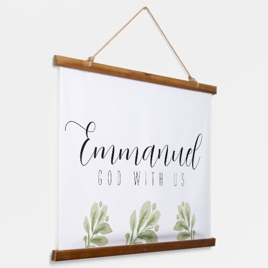 エマニュエル神と私たち水の色の葉スクロール 吊り下げ型タペストリー (傾斜あり)