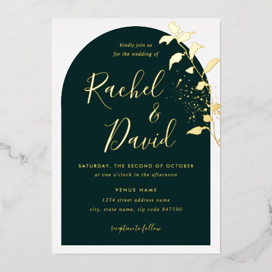 エマーラルグリーン金ゴールドフローラ結婚アーチ 箔招待状 (正面)