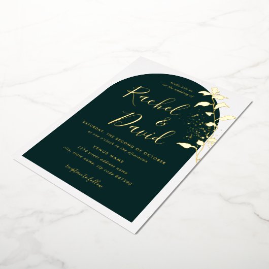 エマーラルグリーン金ゴールドフローラ結婚アーチ 箔招待状 (回転した状態)