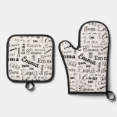 エマ名前をカスタムする白黒 鍋つかみ&鍋敷きセット (正面)