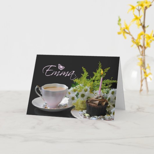 エマ誕生日カードケーキティーと花 カード (黄色い花)