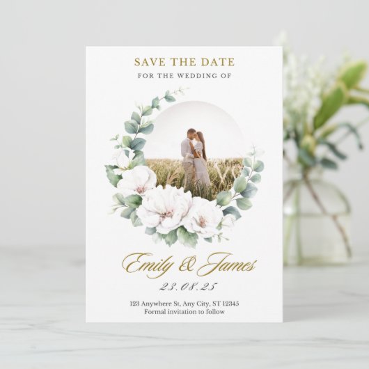 エミリーとジェームズの結婚式の日程を保存しよう 招待状 (スタンド正面)