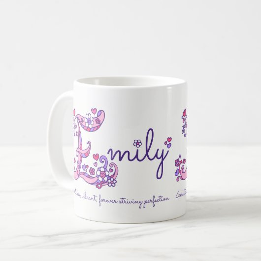 エミリーの一流の意味ハートの花Eのモノグラムのマグ コーヒーマグカップ (正面左)