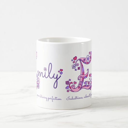 エミリーの一流の意味ハートの花Eのモノグラムのマグ コーヒーマグカップ (中央)