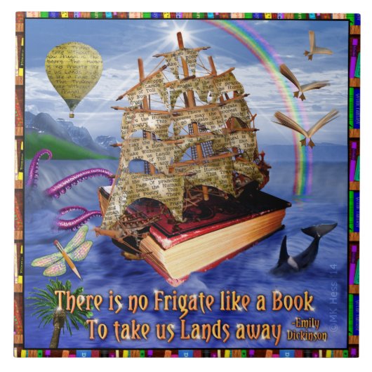 エミリー・ディキンソンの引用文の本の船の海場面 タイル (正面)