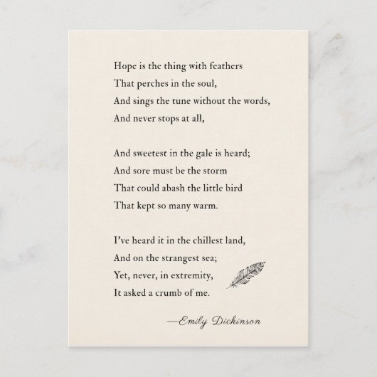 エミリー・ディキンソンの詩の希望は羽の付いている ポストカード (正面)