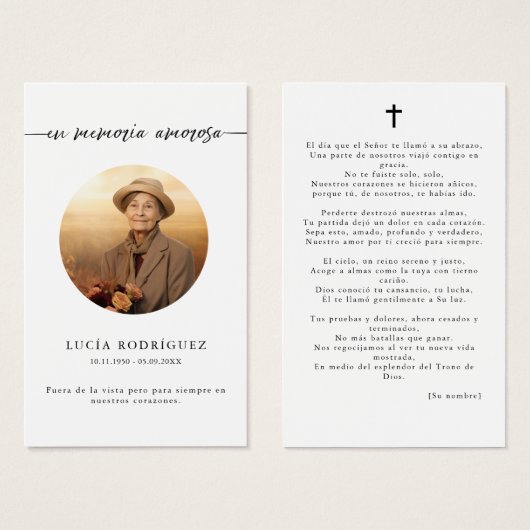 エムメモリアスペインの葬式フォト祈りの言葉カード (正面&裏面)