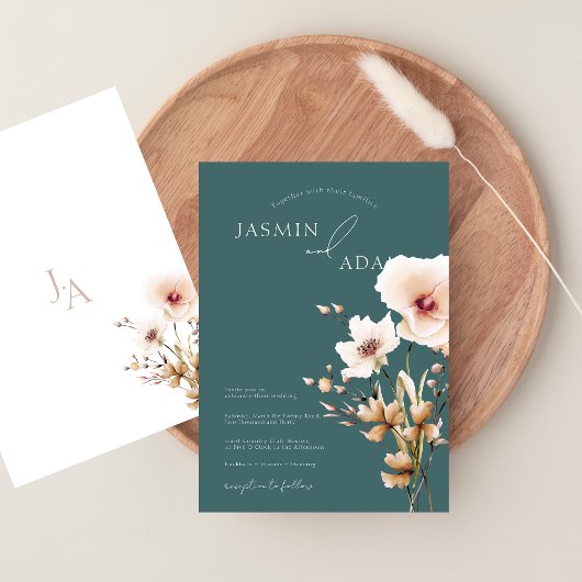 エメお洒落ラルドグリーンピンクワイルドフラワー結婚ズ 招待状