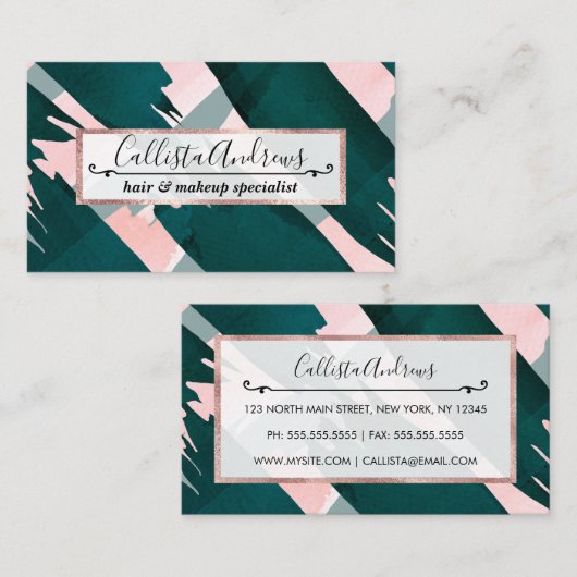 エメアートラルドモダングリーンピンクのブラシストローク 名刺 (正面/裏面)