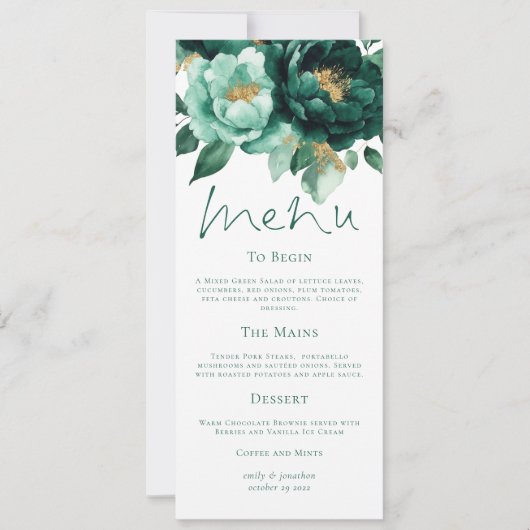 エメエレガントラルドと金ゴールドの花模様のメニュ結婚ーカード 招待状 (正面)