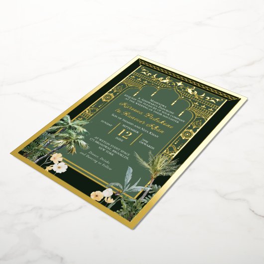 エメエレガントラルドグリーンと金ゴールドインディアン結婚ズ 箔招待状 (回転した状態)