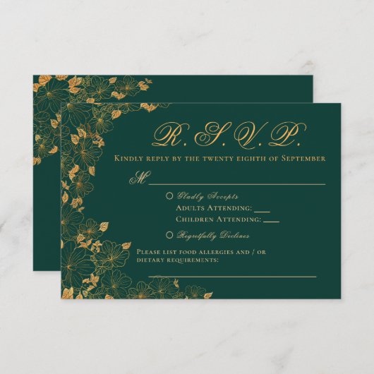 エメエレガントラルドグリーンと金ゴールドフローラRSVP 出欠カード (正面/裏面)